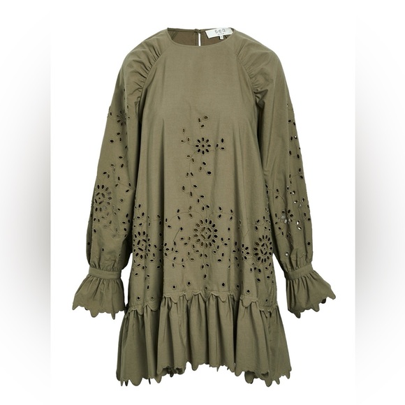 SEA NEW YORK Floral Eyelet Cotton Poplin Long‎ Puff Sleeve Ruffle Hem Dress XS - Picture 10 of 10